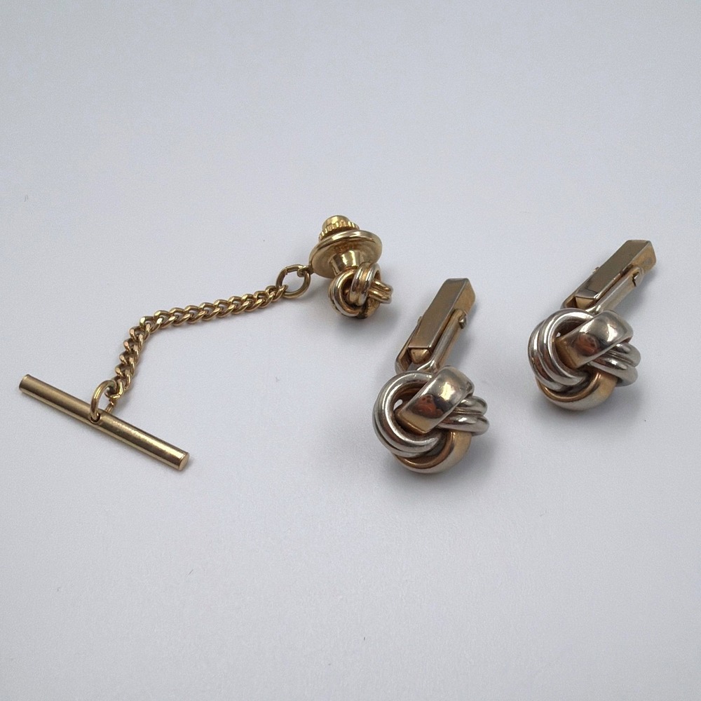 1950's Vintage Hickok Gold Tone Knot Cufflinks Tie Tack Set Mens USA Classic